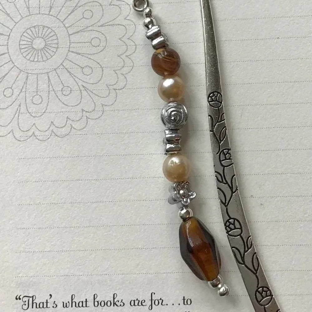 Tibetan Metal Bookmark Flower‎ Engraved Moonstone, Pearl, Amber Beads